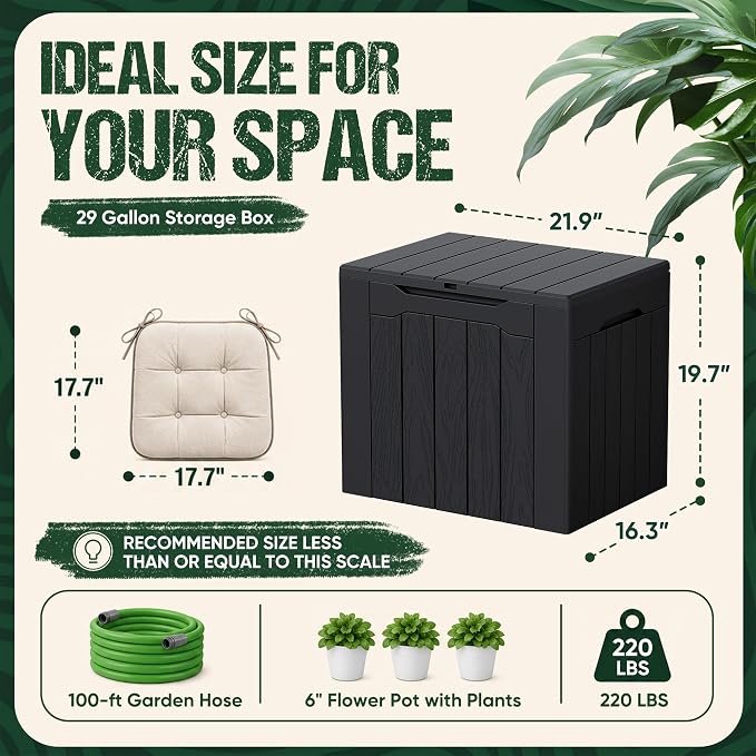 Devoko 29 Gallon Waterproof Outdoor Storage Box Resin Deck Box Lockable and UV Resistant for Patio Furniture, Garden Tools (Black, 29 Gallon)
