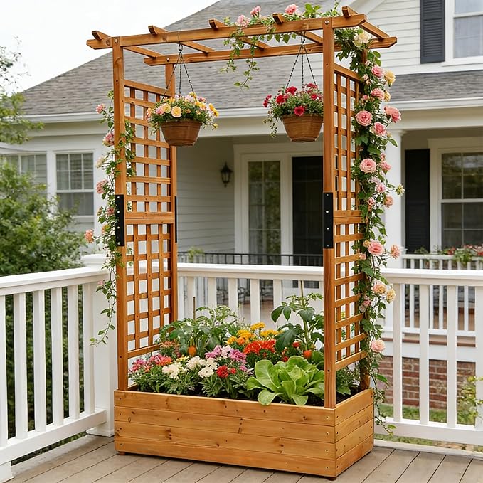 Raised Garden Bed Wooden Patio Planter with Trellis Outdoor Climbing Cucumber Box Pots Tomato Flower Vegetable Herb Porch, Tall Hanging Roof, Orange, 42.5" L x 17.3" W x 66.1" H