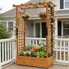 Raised Garden Bed Wooden Patio Planter with Trellis Outdoor Climbing Cucumber Box Pots Tomato Flower Vegetable Herb Porch, Tall Hanging Roof, Orange, 42.5" L x 17.3" W x 66.1" H