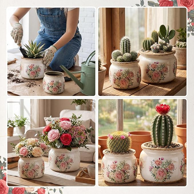 2 Pcs Vintage Planter Ceramic Plants Pot with Drainage Ice Crack Scroll Flower Vase Pot for Indoor Outdoor Plants Home Kitchen Decor Gifts(Country Rose,7.7" & 5.9")
