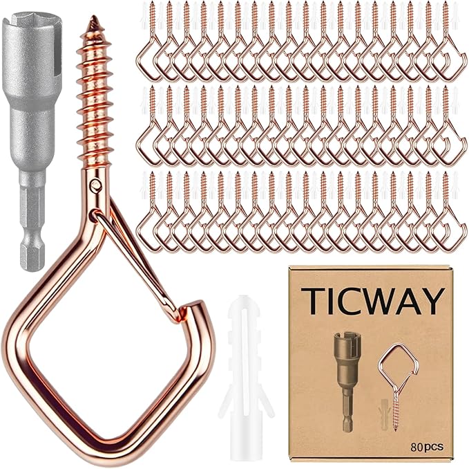 80 Pcs Outdoor Hooks for String Lights,Screw Hooks for Hanging Plants,Ceiling Hooks with Safety Buckle,Square Hanger for Wind Chimes,Bird Feeder,Lanterns,Christmas Decorations Rose Gold