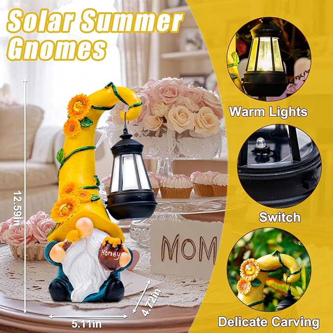Mothers Day Gifts - Garden Gnome Statue with Solar Lights Large Garden Sculptures Funny Bee Gnome Outdoor Patio Lawn Yard Garden Decor Birthday Gifts for Women Mom 12 in Summer Gnomes Outdoor