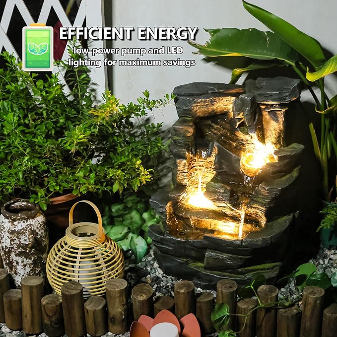Sunlinua 5-Tier Cascading Rock Water Fountain Outdoor - 23.6”H Indoor/Outdoor Modern Floor Standing Water Fountain Garden, Patio, Backyard, Deck, Porch and Home Art Decor