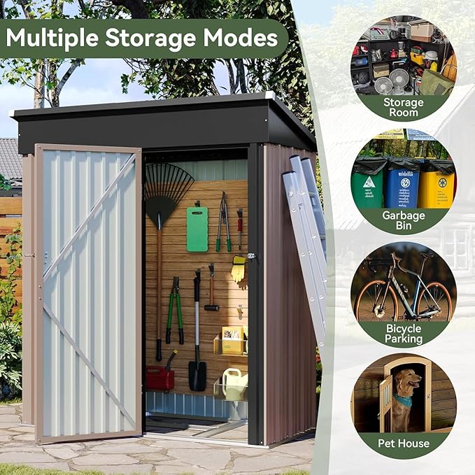 Aoxun 5’ x 2.9’ Shed Outdoor Storage Shed with Lockable Doors & Slooping Roof Metal Garden Tool Shed for Backyard, Patio, Poolside (Brown)