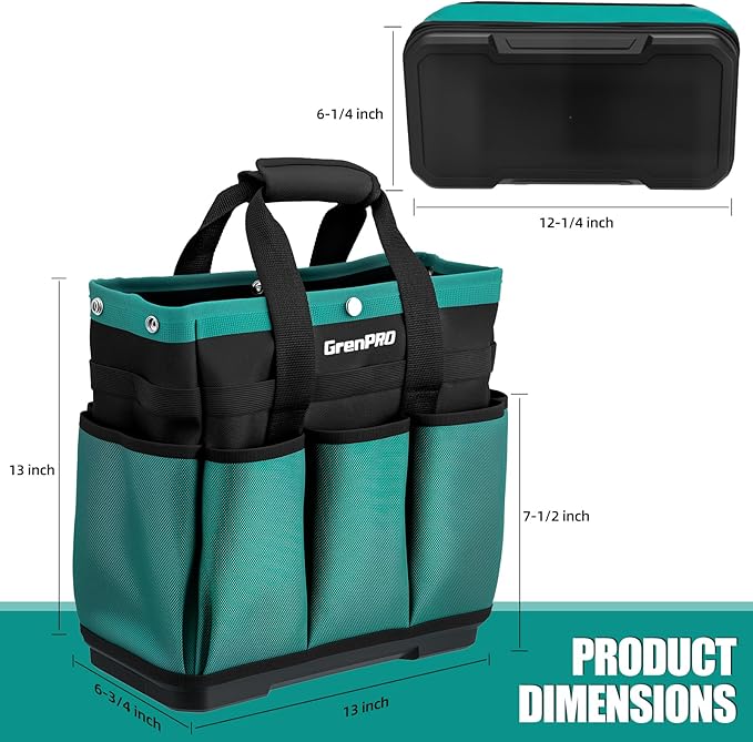 GrenPRO Garden Tool Bag Molded Bottom, Heavy Duty Tool Tote Toolbox with 10 Pockets, Reinforced & Top Snap Closure for Gardening Tools Storage, Dark Green(Tools Not Included)