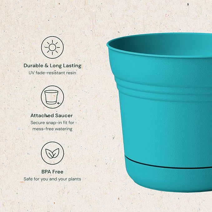Bloem Saturn 10" Bermuda Teal Round Resin Planter Pot with Snap-in Saucer for Indoor and Outdoor Gardening
