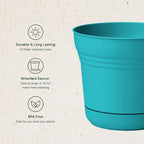 Bloem Saturn 10" Bermuda Teal Round Resin Planter Pot with Snap-in Saucer for Indoor and Outdoor Gardening