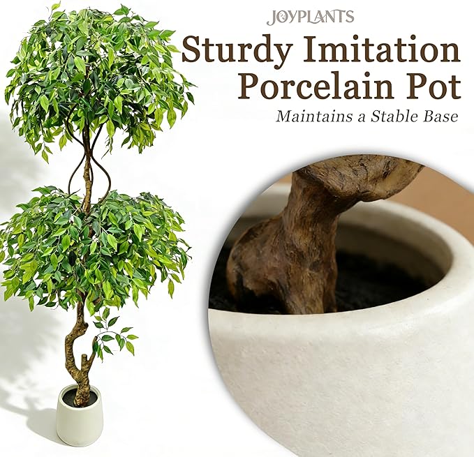 7FT Artificial Ficus Tree with White Planter, Lush Faux Ficus Tree with Adjustable Branches, Realistic Indoor Trees Artificial for Home Living Room Office Porch Garden Decor