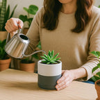 D'vine Dev 3.5 Inch Ceramic Planter Pot with Drainage Hole and Saucer, Indoor Cylinder Round Planter Pot, White/Speckled Grey, 94-O-A-6