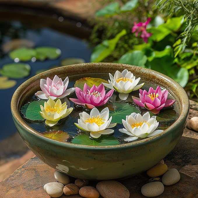 10 Mixed Bowl Lotus Flower Seeds for Planting, Water Lily Flower Plants, Bonsai Lotus Seeds, High Germination, Red, Bule, Pink, White and Purple Colors, Non-GMO Aquatic Plant Seeds