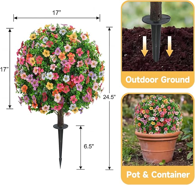 Dense Multi-Color Artificial Flower Topiary Ball Trees 24 Inch, Set of 2 Fake Plants with Ground Spike, UV Resistant No Fade Faux Bushes for Spring Garden, Patio, Porch, Yard, Outdoor Decor