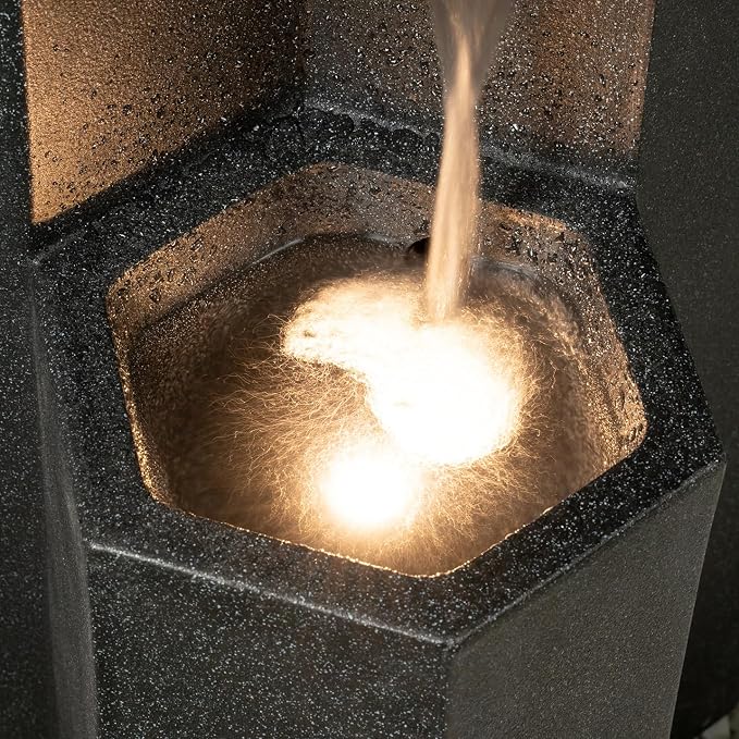 27.95“” H 3-Tiers Cascading Outdoor Water Fountain Made with Eco-Friendly Recyclable Materials, Polyethylene Waterfall Fountain, Outdoor Decor with LED Lights for Patio, Backyard