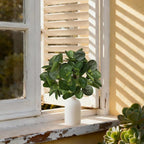 15" Artificial Eucalyptus Stems Potted Plant - Realistic Small Fake Desk Plants for Office Home Decor, Faux Plants in Frosted Ceramic Vase for Indoor Spaces, Wedding Centerpieces Table Decor（2pcs leaf