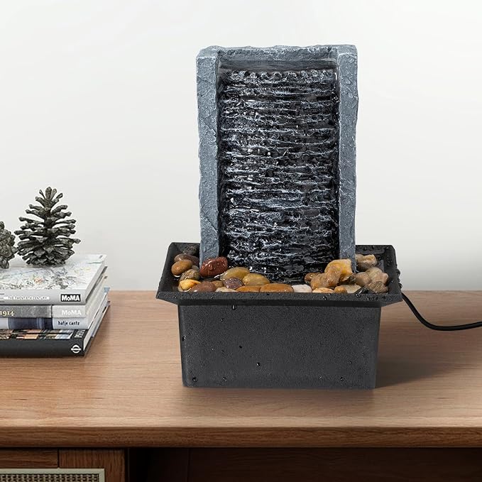 Tabletop Fountain Indoor Waterfall Rock Fountain LED-Lights Water Feature Waterfall for Modern Home and Office Indoor Decoration