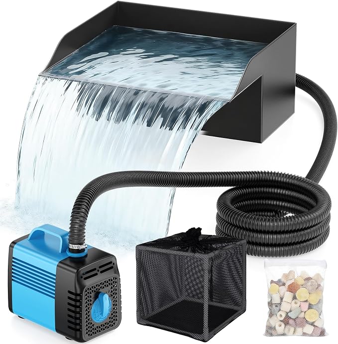 Pond Waterfall Spillway Kit, 8" Pond Waterfall Filter with 660GPH Waterfall Pump & Filter Cage, 10 Ft Corrugated Tubing for Outdoor Garden Ponds, Backyard Water Features