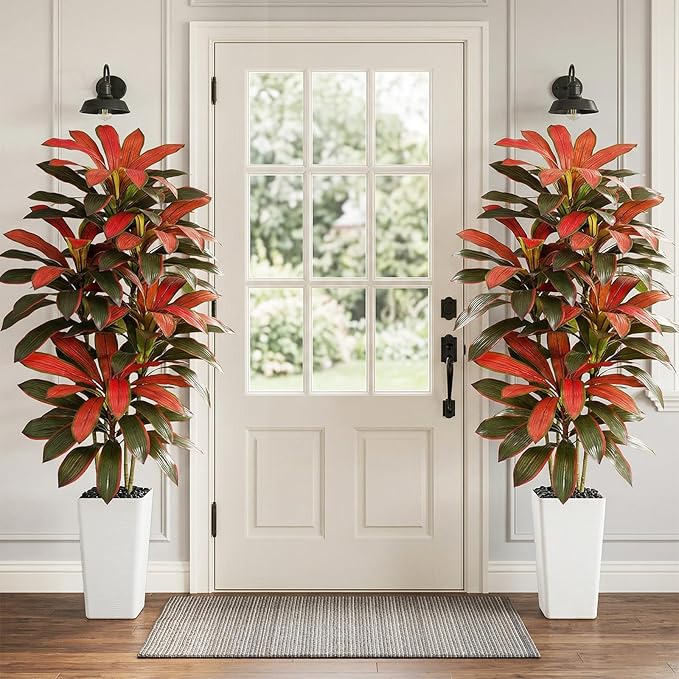 Artificial Red Dracaena Tree - 6FT Tall Fake Plants with White Tall Planter - Artificial Plants Indoor Floor Plant in Pot - Large Tropical Fake Yucca Potted Tree for Home Office Living Room Decor