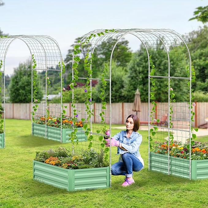 3 in 1 Galvanized Raised Garden Bed with 87" H Arch Trellis for Climbing Plants, Outdoor Gardening Planter Box with Climbing Net for Flower Vegetables Fruits Herbs, Green