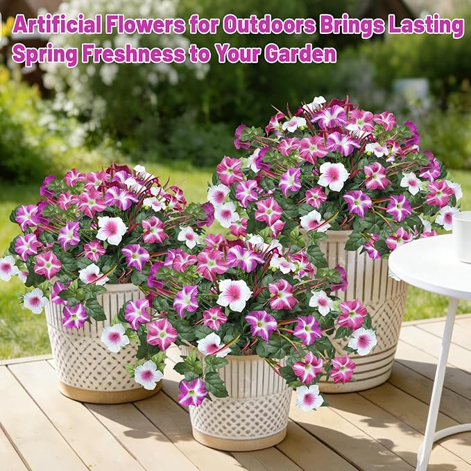 Artificial Flowers Plants for Outdoors, 6PCS UV Resistant Faux Flowers Outdoor Plants, Fake Petunias Silk Flowers for Garden Balcony Yard Porch Decor (White Red Lotus)