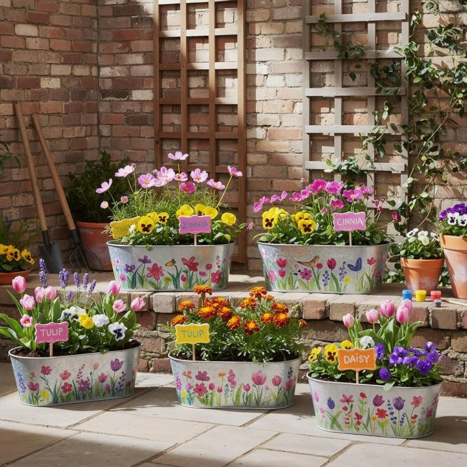 6 Sets Flower Pot Painting Kit DIY 6 Large Spring Metal Iron Plant Pots with Acrylic Paint Stickers Brushes Plant Labels Gardening Tools Kit for Planting Crafts Spring Birthday Easter Gift