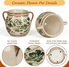 BUYMAX Ceramic Plant Pots for Indoor Plants with Drainage Hole, Vintage Crackle Glaze Hand-Painted Green Flower Planter with Handles, Rustic Decorative Hanging Planter