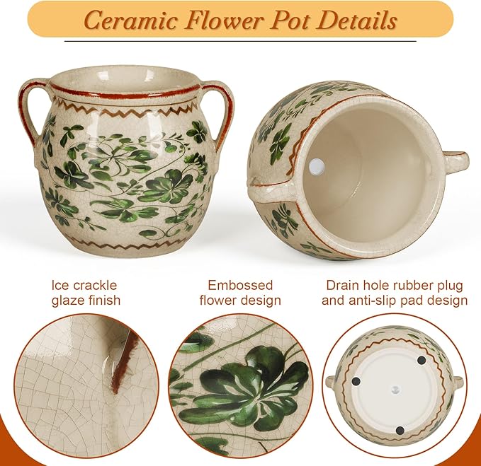 BUYMAX Ceramic Plant Pots for Indoor Plants with Drainage Hole, Vintage Crackle Glaze Hand-Painted Green Flower Planter with Handles, Rustic Decorative Hanging Planter