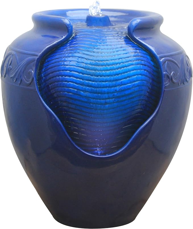 Teamson Home 16.96 in. Outdoor Glazed Pot Water Fountain with LED Lights, Built-in Pump to Create a Calming Oasis in Gardens, Landscaping, Patios, Balconies, Lawns, Royal Blue