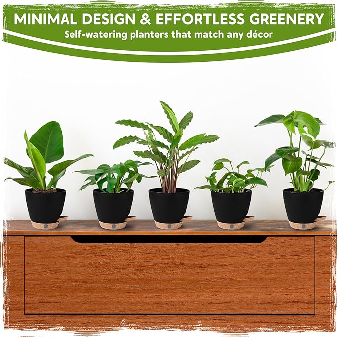 5 Pack 6 Inch Self Watering Planters for Indoor Plants, Automatic Watering Pots for Busy Plant Parents & Vacation, Decorative Modern Flower Pots with Drainage & Saucers (Black, 6 inch)