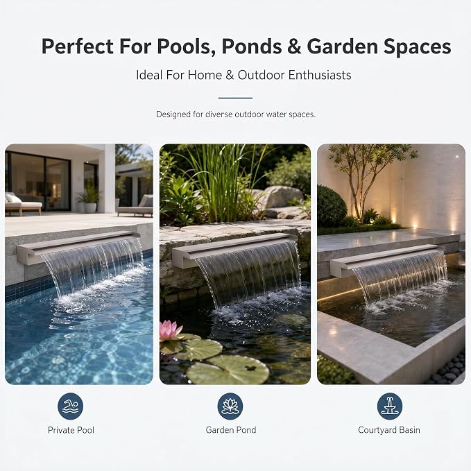 Stainless Steel Pool Fountain Waterfall Sheer Descent, 23.6 Inches Spillway for Swimming Pool, Outdoor Garden Pond, Patio & Backyard Water Feature Decoration(23.6")