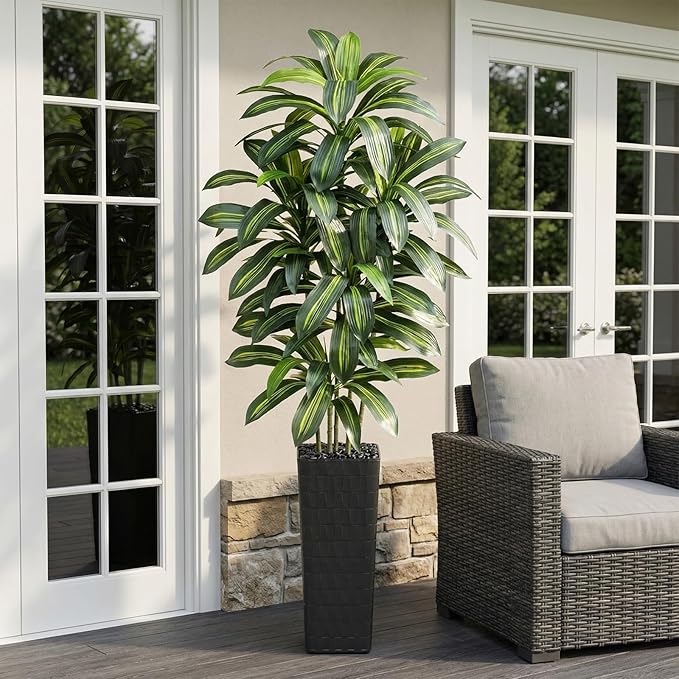 Artificial Dracaena Tree：7FT Faux Silk Tropical Yucca Floor Trees Realistic Fake Green Plant with Natural Wood Trunk & Lifelike Leaves for Home Office Decor Indoor & Outdoor (7FT,1-Pack,Black)