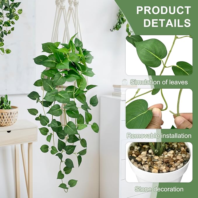 Artificial Hanging Plants with White Pots –2 Pack Fake Pothos Potted Plants Faux Ivy Vines 31.5‘’, Realistic Greenery Hanging Fakeplants Indoor for Home Decor, Bedroom, Bathroom, Office, Living Room
