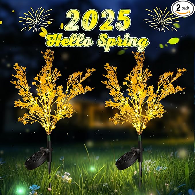 Neporal Solar Lights Outdoor Decorative 2PK, 7-Stems Golden Solar Flowers Outdoor Waterproof for Garden, Yard, Patio,Flower Pots - Gardening Gifts for Women