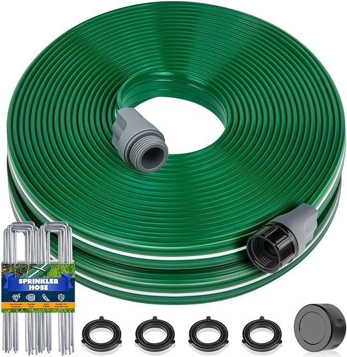 Jin&Bao Sprinkler Hose with Holes 25FT 2Pack, Heavy Duty Watering Garden Hose, High-Efficiency Sprinklers System for Lawn and Garden with Staples