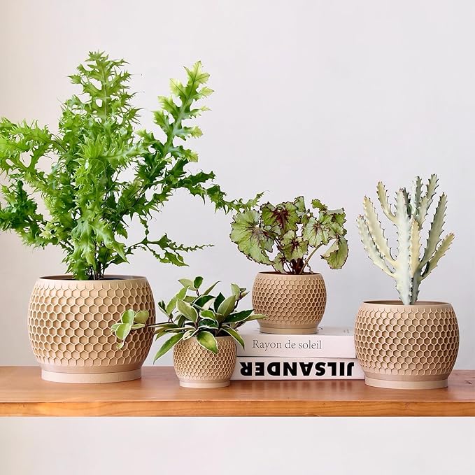 Plant Pots, Modern 3D Printed Honeycomb Planters for Indoor Plants, 4.7/6/8/10 Inch Wood Decorative Flower Pot for Office Desktop, Bookshelf & Home Decor, Lightweight & Durable.