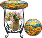 Outdoor Side Table Round Small Mosaic Patio Accent Indoor End Plant Coffee Tea Table for Yard Patio Porch Garden Living Room, Bedroom(Sunflower Style,14 Inch)