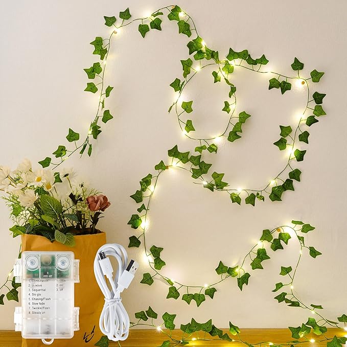 HEYFUNi Fake Ivy Vines with Lights, 23 Ft 73 Led Artificial Greenery Garland with Fairy Lights USB/Battery Operated, Leaf String Lights for Bedroom Aesthetic, Wall, Balcony, Wedding Decor, Warm White