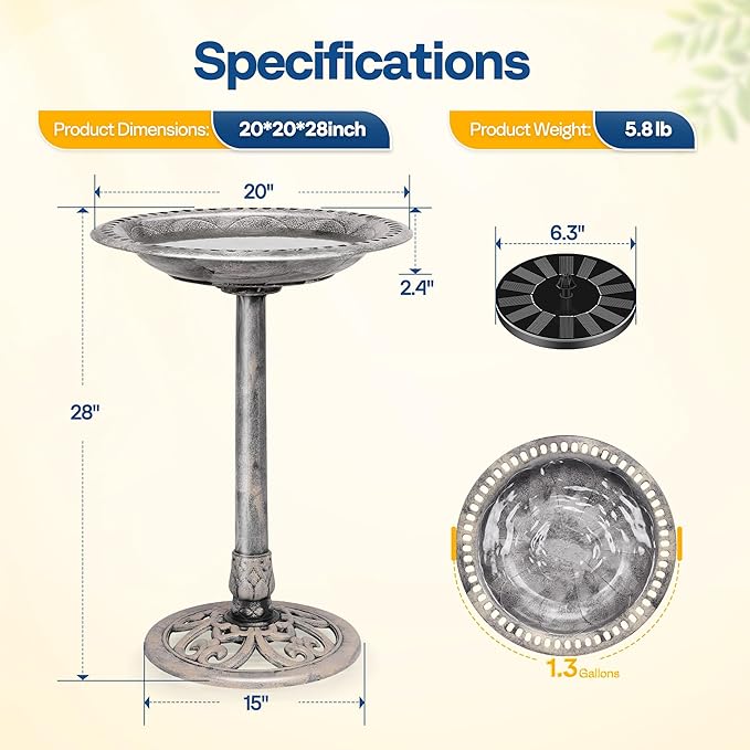 VIVOHOME Bird Bath with Solar Fountain for Outside, Polyresin Pedestal Bird Baths with Solar Powered Pump for Outdoor, Garden, Weather-Resistant Birdbaths with 20" Bowl, Gray