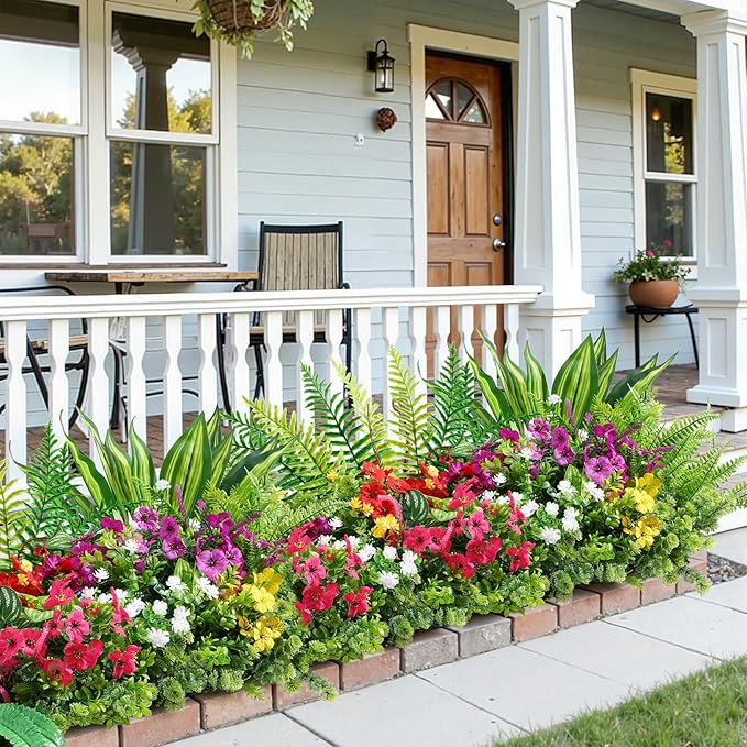 Alupssuc 24 Pcs Artificial Plants Flowers for Outdoors, Realistic Faux UV Resistant Greenery & Silk Flowers,Fake Plastic Shrubs Stems No Fade for Indoor Outside Garden Patio Spring Planter Home Decor