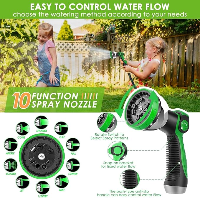 Non-Expandable Garden Hose 150 ft, Ultra Lightweight & Flexible Water Hose With 10-Pattern Spray Nozzle, Full Length Leak-Proof Design, High-Density Fabric & Shut-Off Valve, Hose Straps
