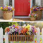 CEWOR 24 Bundles Artificial Flowers for Outdoor Indoor, Fake Silk Pansy with Eucalyptus Leaves, Faux Flower for Garden Front Door Porch Planter Patio Home Decor (Yellow White Purple Pink Orange Blue)