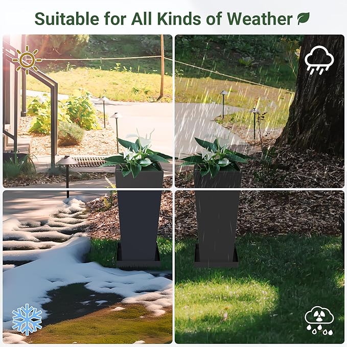 Metal Tall Planters 20 inch Set of 2, Durable Taper Planter with Drainage Holes & Rust-Proof Coating & Trays for Outdoor Indoor Garden Patio Front Door (Black)