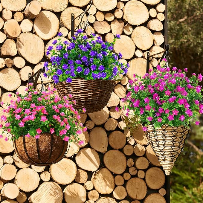 6 Bundles Outdoor Artificial Flowers UV Resistant Fake Boxwood Plants, Faux Greenery for Indoor Outside Hanging Plants Garden Porch Window Box Home Wedding Farmhouse Décor (Pink)