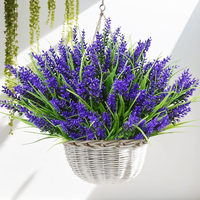 Kinisty 20 Bundles Outdoor Artificial Plants and Flowers, UV Resistant Faux Monkey Grass with Lavender and Fake Plastic Greenery for Spring Summer Outside Planter Porch Garden Decor, Purple