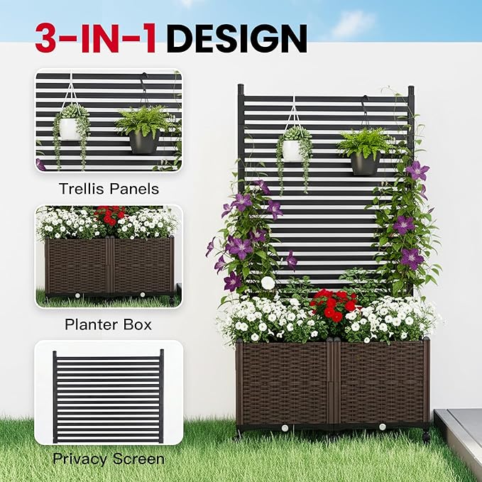 Planter Box with Privacy Screen, 6ft Plastic Raised Garden Bed with Lattice Trellis & Lockable Wheels, Privacy Planters for Patio, Planter Box for Climbing Plants, Flower