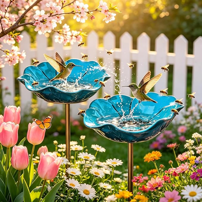 Metal Flower Garden Stakes Bird Bath, Decorative Outdoor Bird Feeder for Garden Yard Art, Handmade Rustproof Metal Flower Stakes for Attracting Birds Backyard Lawn Patio Decorations (Blue)