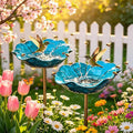 Metal Flower Garden Stakes Bird Bath, Decorative Outdoor Bird Feeder for Garden Yard Art, Handmade Rustproof Metal Flower Stakes for Attracting Birds Backyard Lawn Patio Decorations (Blue-2pcs)