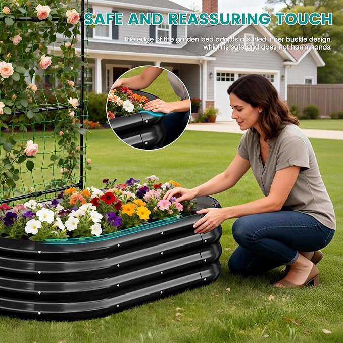 SUNYRISY Galvanized Raised Garden Bed with 87" H Arch Trellis for Climbing Plants Outdoor, Metal Planter Box with Netting for Gardening Flowers Vegetables Fruit Herb, Black