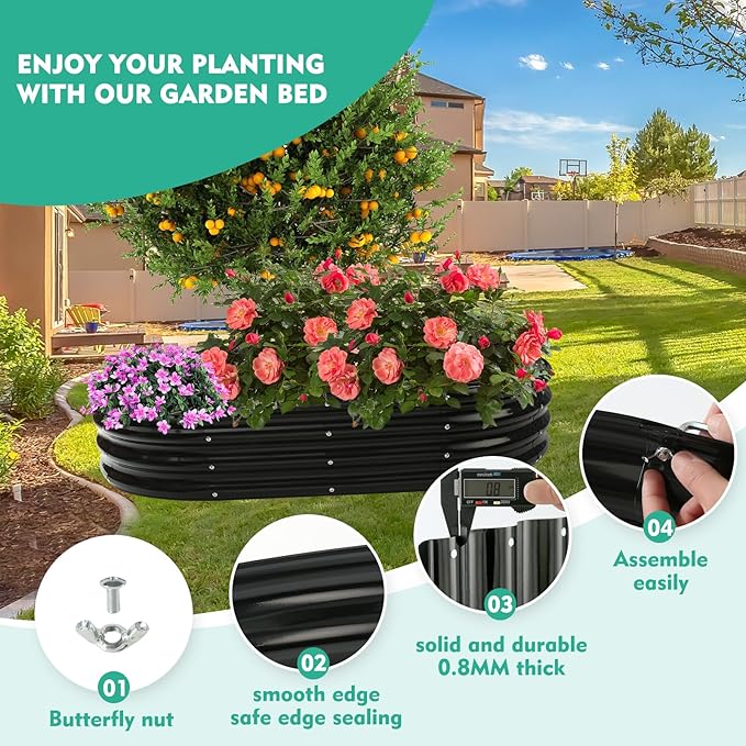 YSEJOMP 5X2.7X1 FT Oval Galvanized Metal Garden Raised Bed/Plant Box for Planting,32 Inches Diameter Iron Fire Pit Ring,Small Animal Fence-3 in 1 Modular Design in Black (Black, 60X32X11.5 Inches)