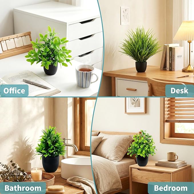 LOYWREE 4 Pack Mini Fake Plants Small Artificial Greenery Potted Plants in Black Pots for Home Office Desk Table Bathroom Farmhouse Room Decor