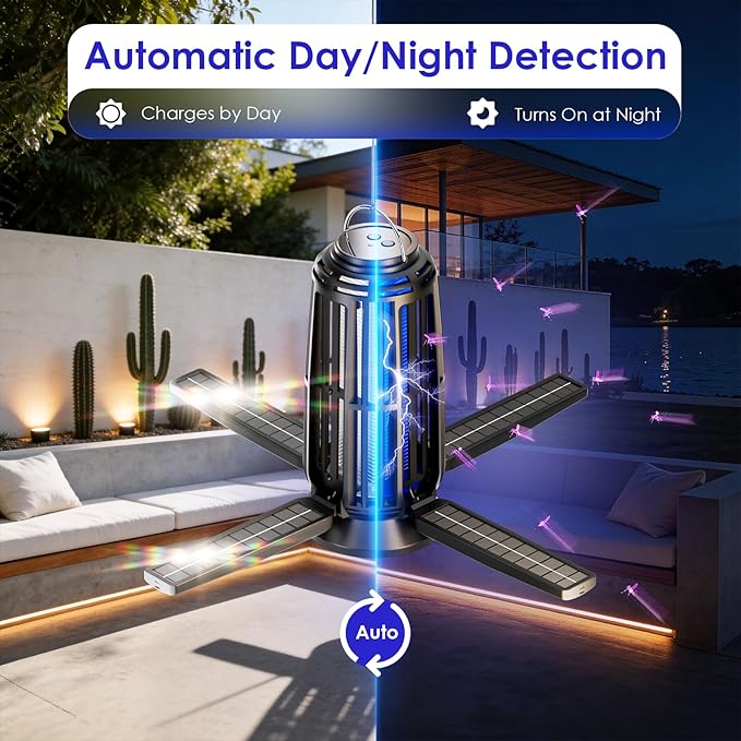 Solar Bug Zapper Outdoor – 5000mAh Battery, Energy-Saving Mosquito Killer, USB-C Rechargeable & 4-Sided Solar Panels, Waterproof Portable Fly Zapper with LED Light for Patio, Garden, Camping, Backyard