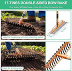17 Tines Wide Head Bow Rake for Soil Leveling, Garden Rake Heavy Duty with 55” Adjustable Wooden Handle, Heavy Duty Metal Rake for Lawns, Gardening, Loosening Soil, Gathering Leaves, Landscaping